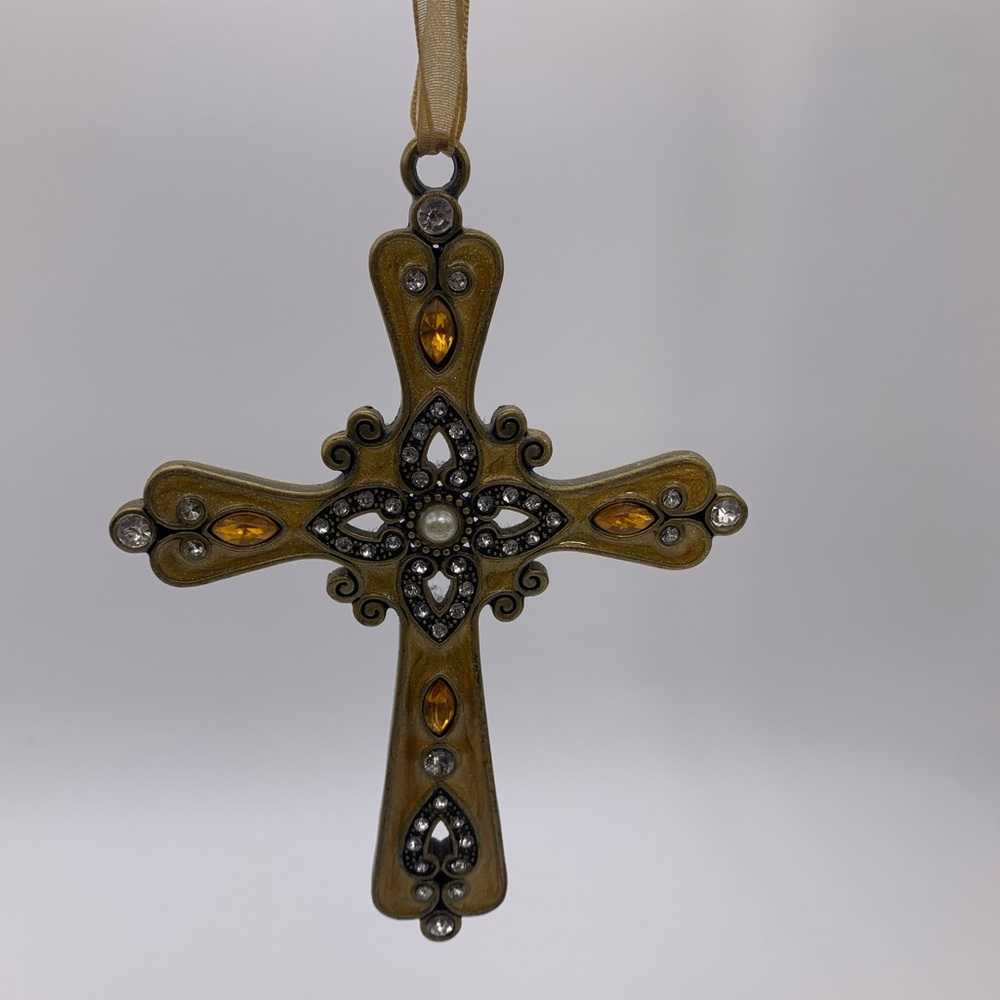 Gorgeous Vtg. Amber Gold Glitter Bronze Tone Metal Jeweled Cross Ornament